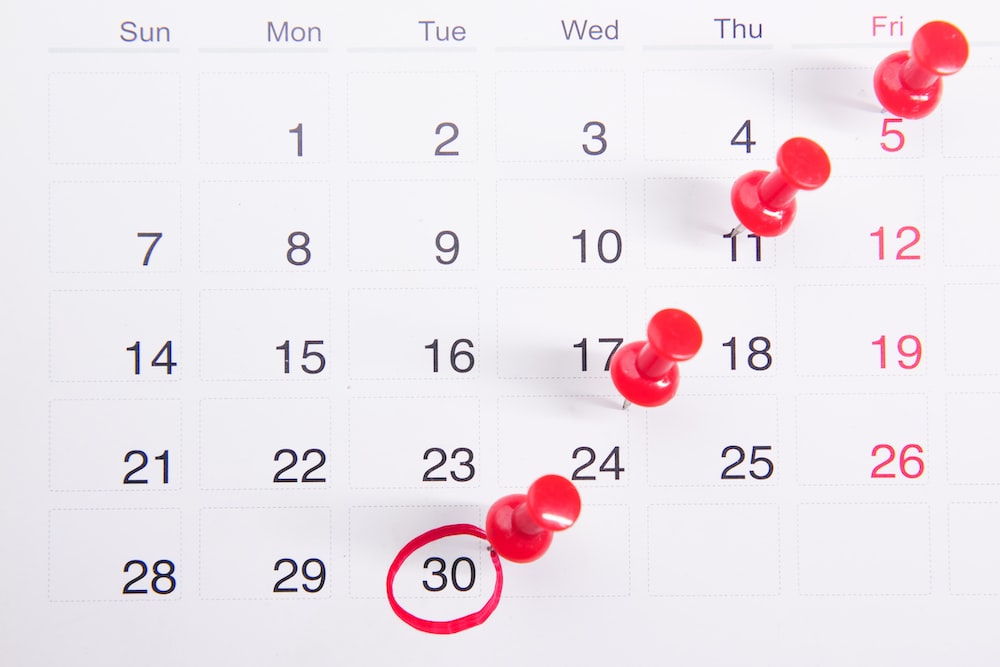 calendar with red pinned buttons