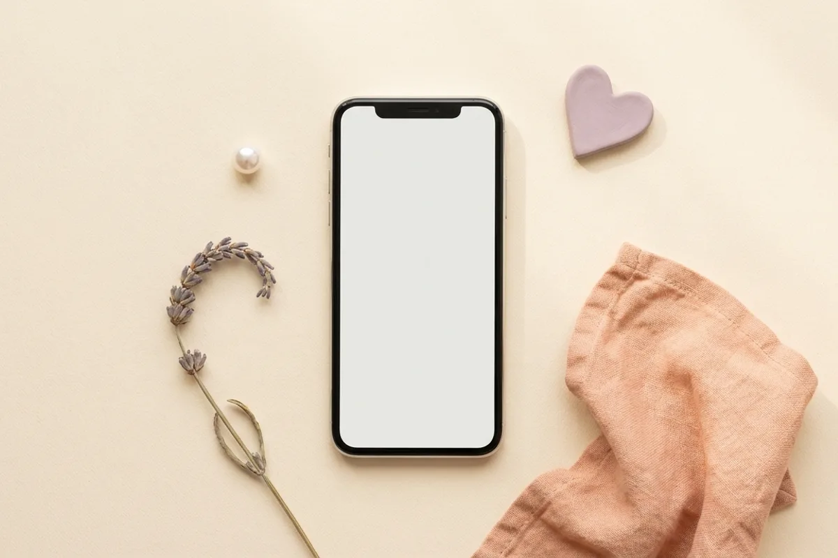 Flat lay of a smartphone on a pastel cream background with dried flowers and a ceramic heart, aesthetic styling for Instagram username inspiration