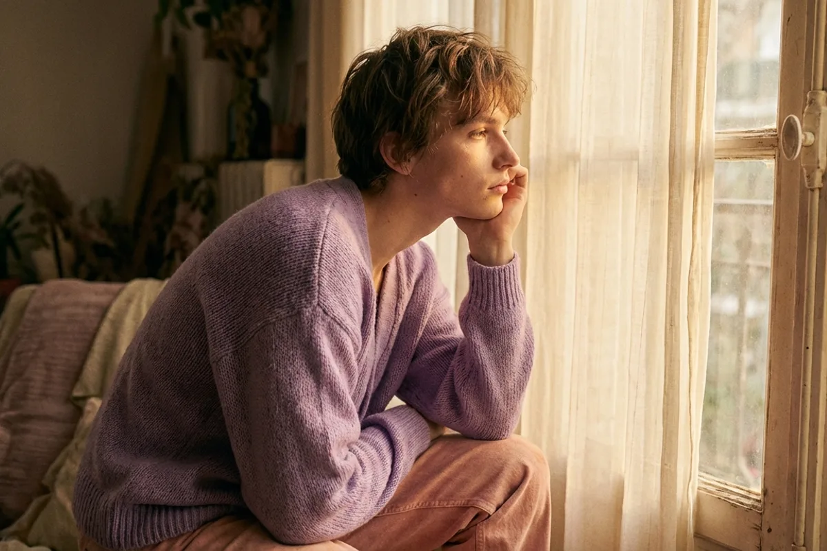 Young person in soft pastel clothing looking thoughtfully out of a sunlit window, dreamy aesthetic mood for Instagram profile inspiration