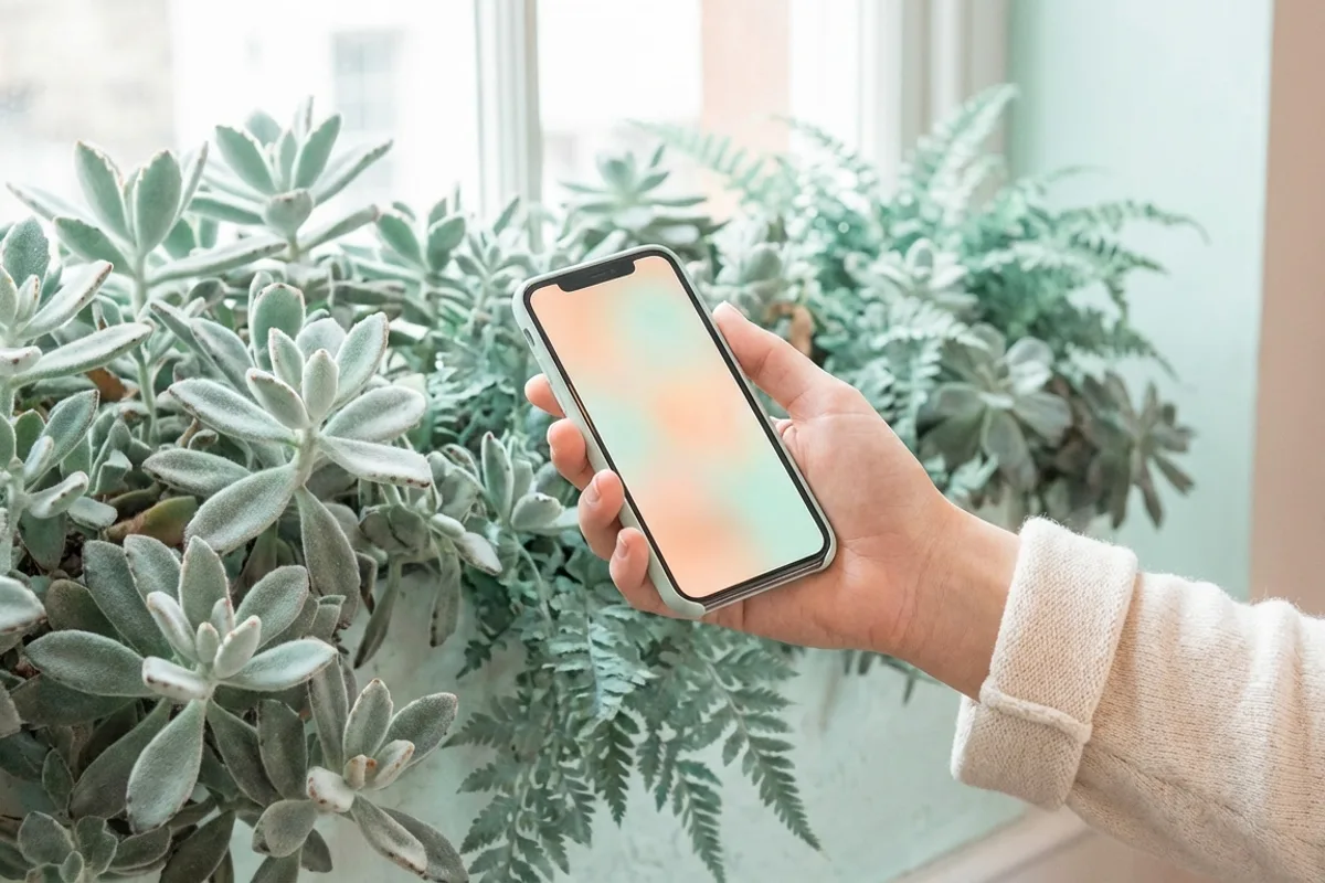 Hand holding a glowing smartphone in front of a pastel mint plant wall, aesthetic Instagram inspiration with no readable content on the screen
