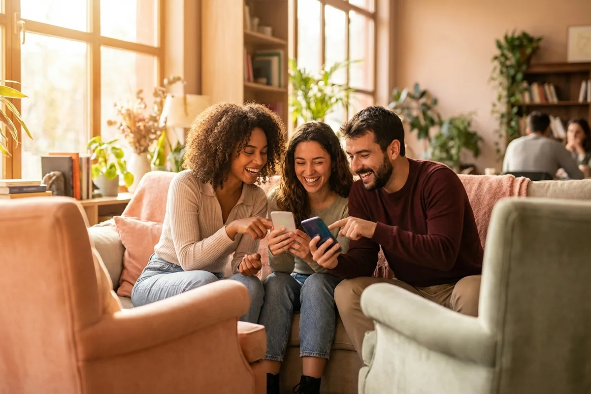 Illustrated figures passing likes and attention between phones in a circle