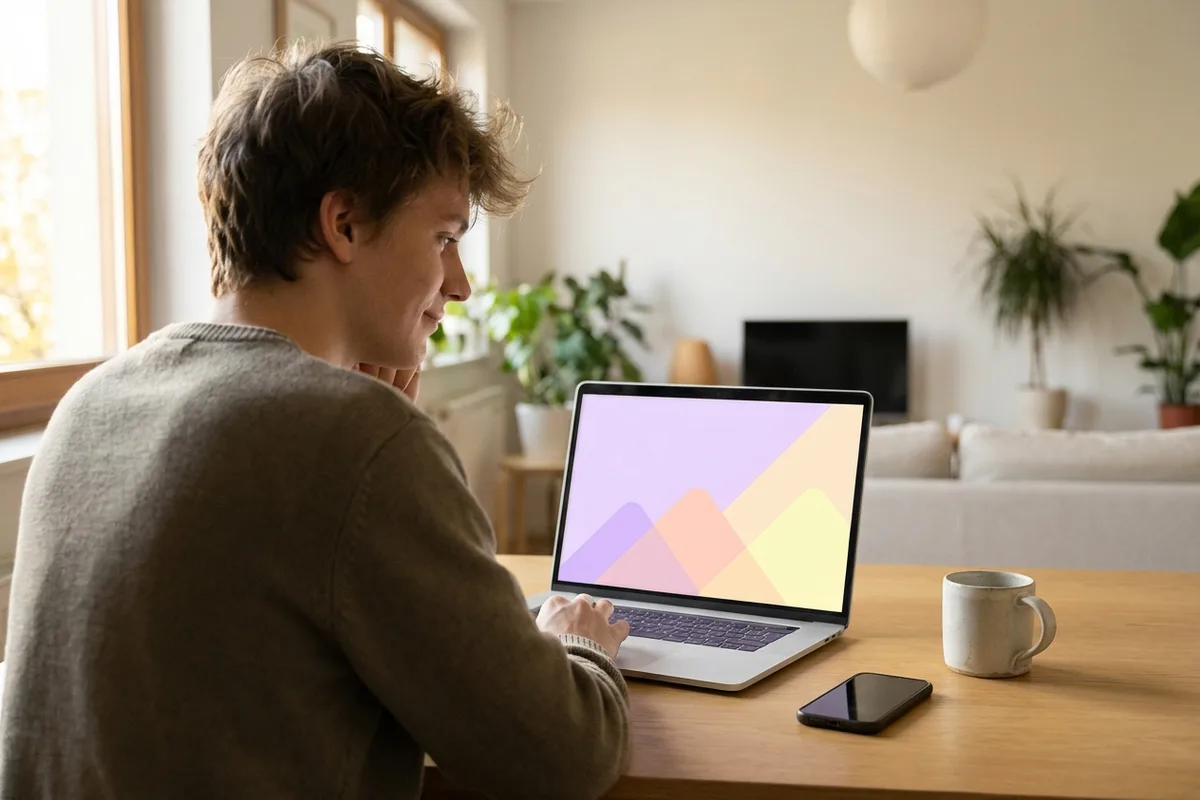 Illustrated creator at a desk reviewing analytics with steady upward growth line