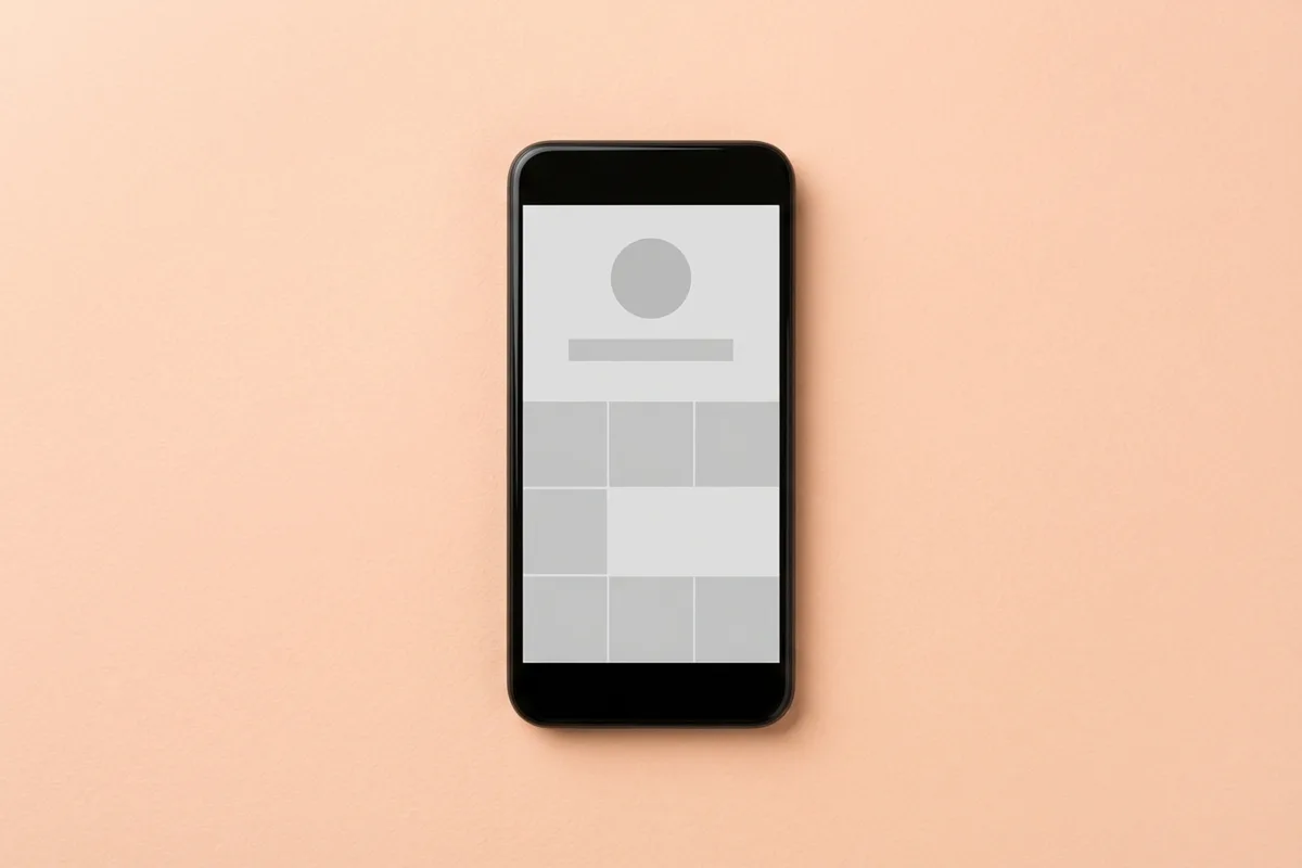 Greyed-out smartphone profile page on a pastel peach background