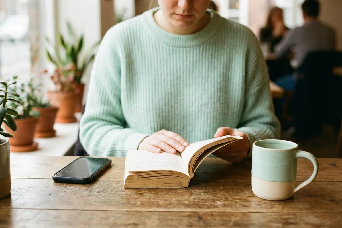 Person reading a book with their phone face-down on a cafe table, pastel mint tones