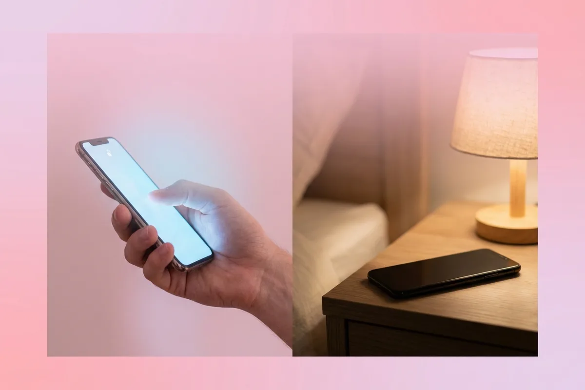 Split composition showing an unlocked glowing phone and a sleeping phone on a nightstand, pastel pink gradient