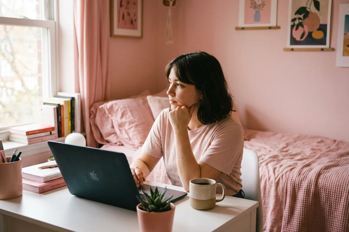 Person at a desk with a laptop, contemplative expression, warm window light