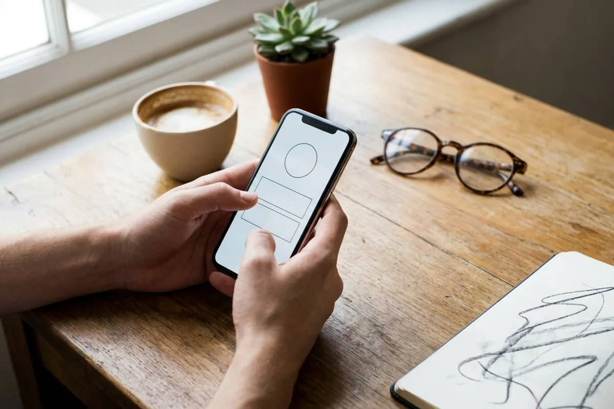Hands holding a phone while editing a social media profile bio on a bright desk