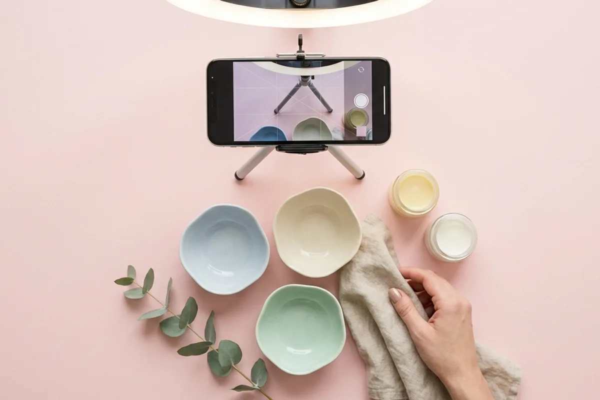 Overhead view of a content creator filming a product flat lay on a pastel tabletop