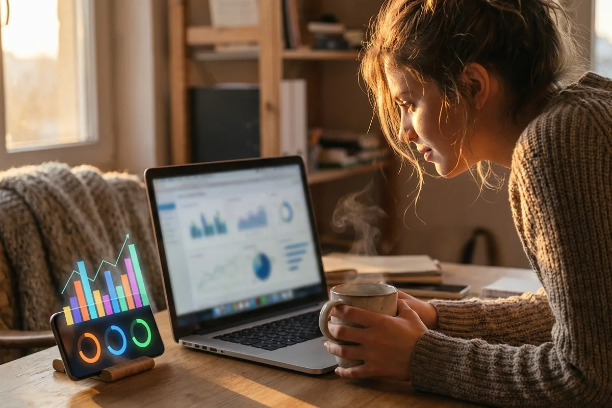 Person reviewing social media engagement analytics on a laptop and phone in a warmly lit room