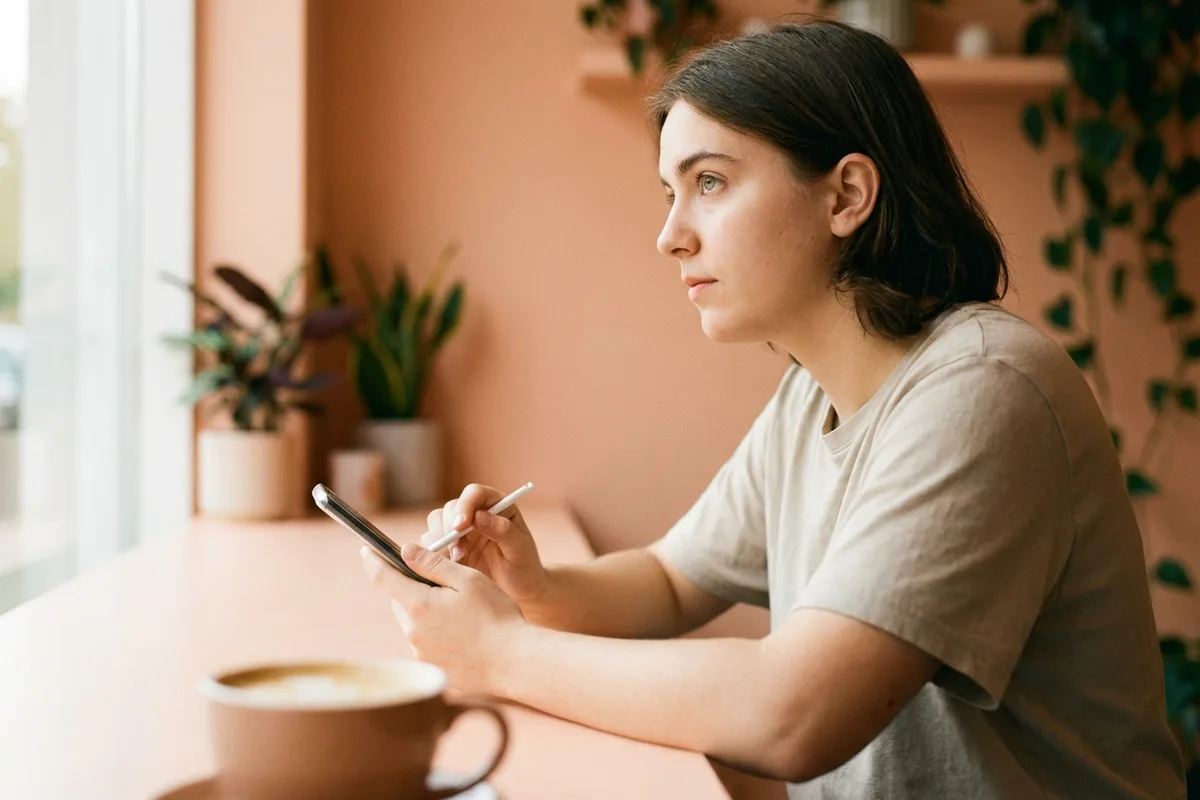 Person thoughtfully tapping their phone at a pastel peach cafe table