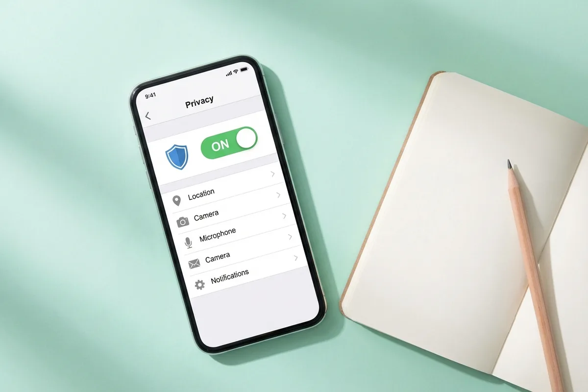 Smartphone showing a settings menu with a privacy toggle highlighted, top-down flat lay on a pastel mint background