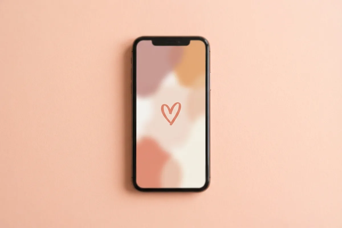 Flat lay of a smartphone on pastel peach with a single heart icon visible on screen