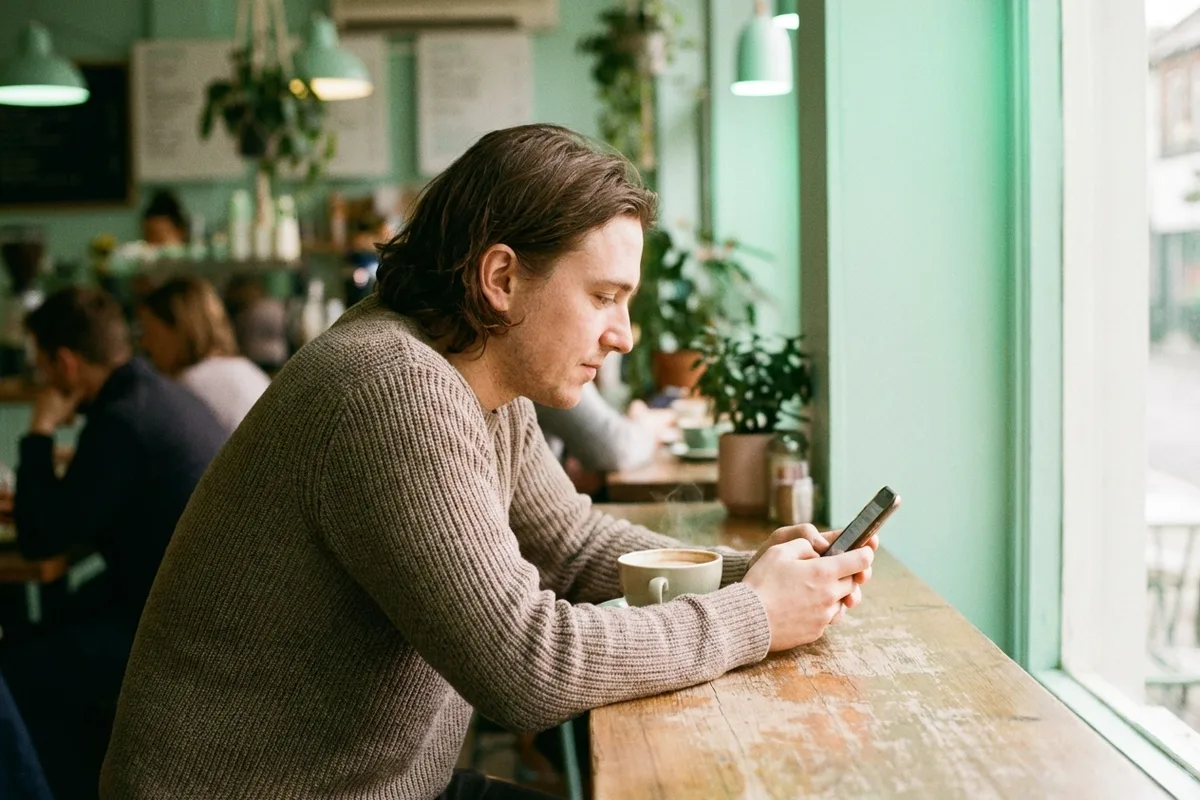 Person in a pastel mint cafe scrolling their phone calmly in side profile