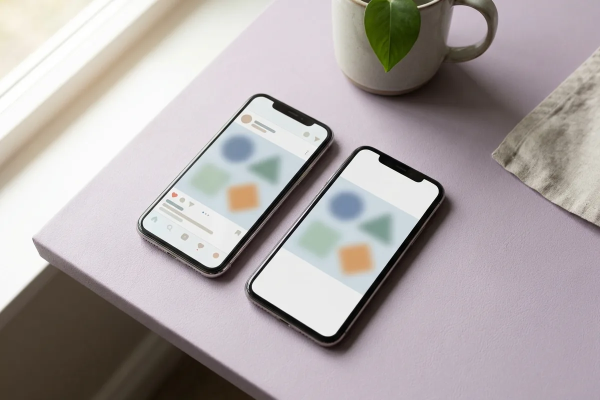 Two phones side by side on a pastel lilac desk, one showing abstract counts and the other showing the same post without counts