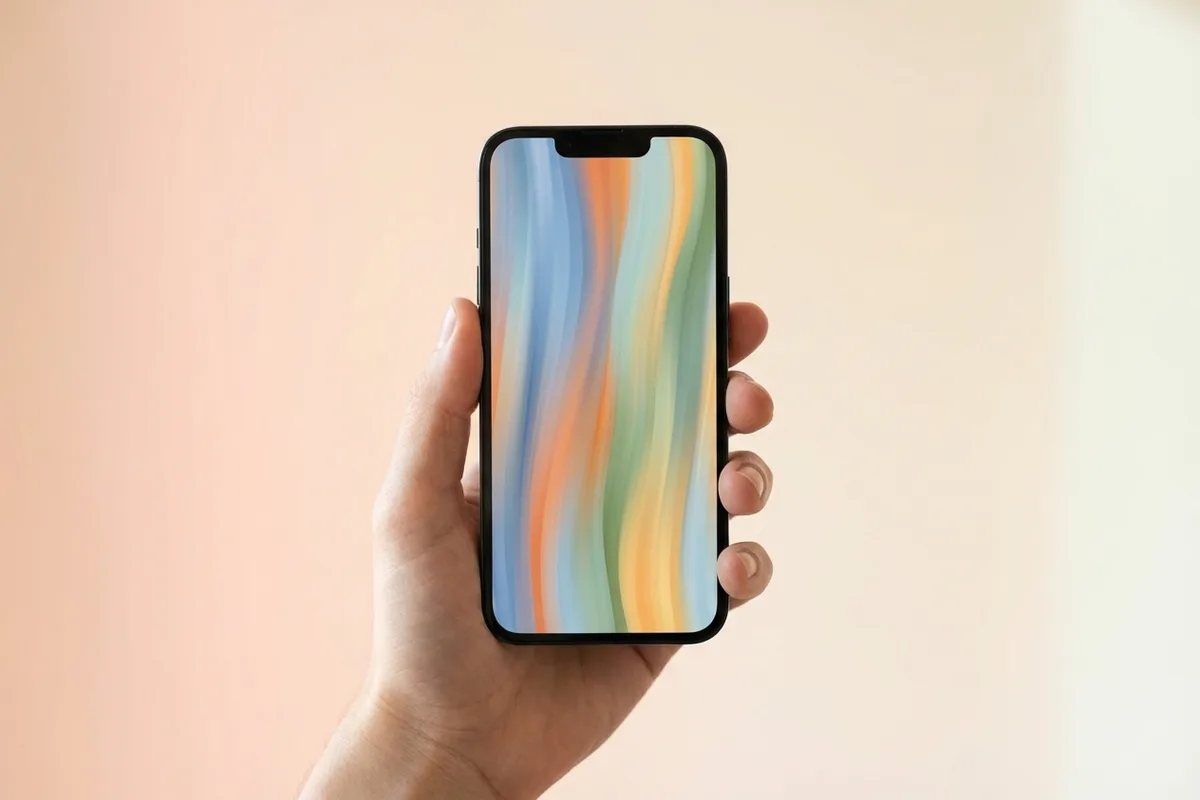 Smartphone held in front of a pastel peach background with abstract color bars on screen suggesting a story