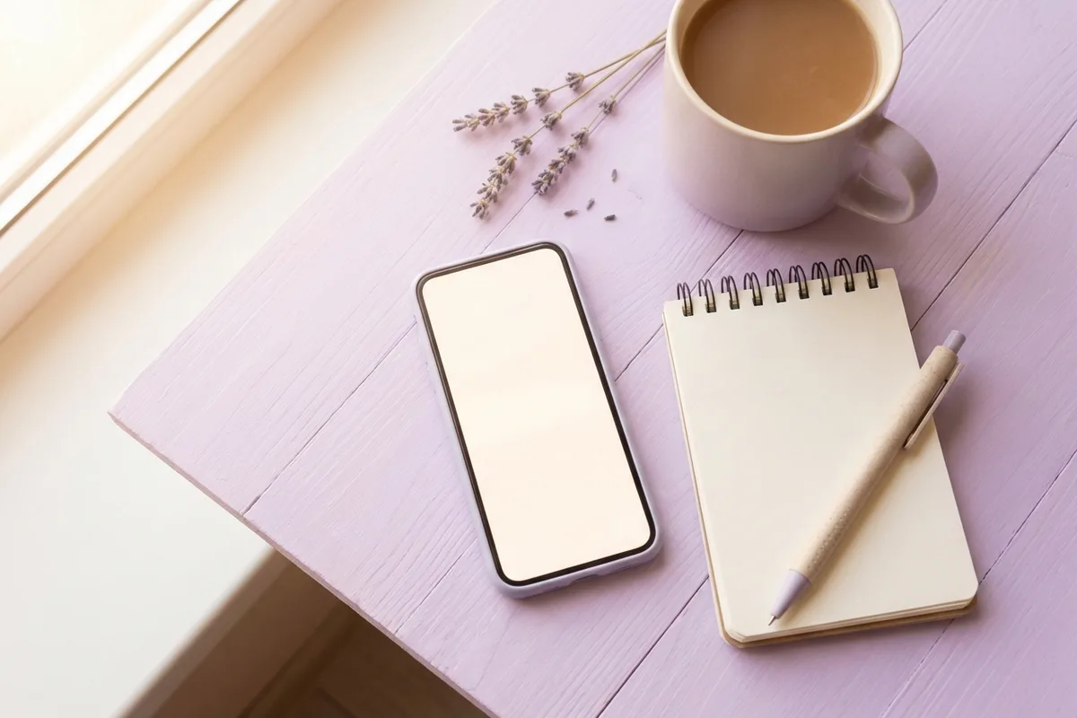 Flat lay of a smartphone on a pastel lilac desk with a notebook and pen, evoking a repost workflow