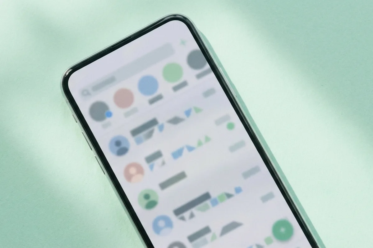 Smartphone flat lay showing a generic followers-list style screen with blurred rows, on a pastel mint background