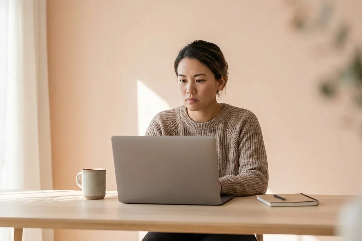 Person at a desk analytically reviewing data on a laptop in warm window light, pastel peach background