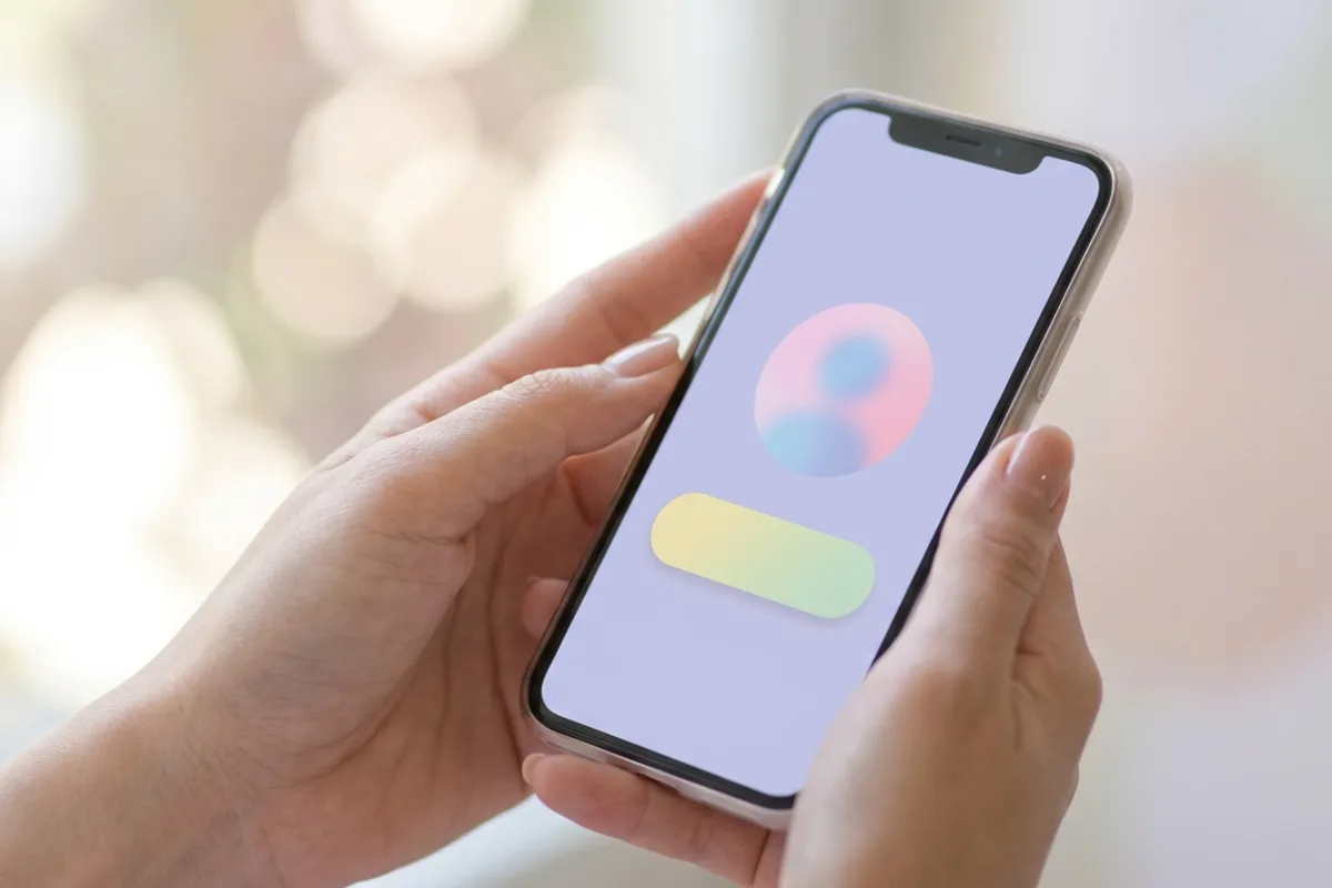 Hands holding a smartphone showing a generic profile page with an abstract follow-style button, pastel lilac background