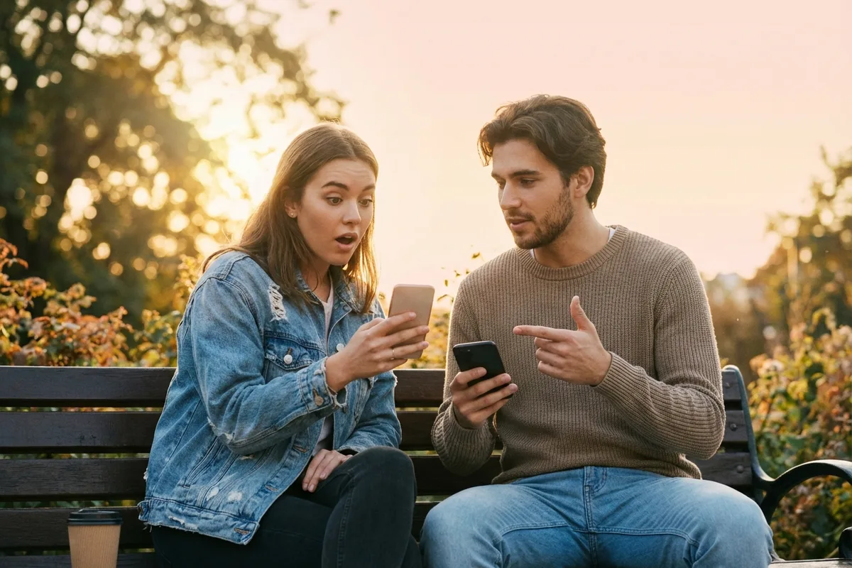 Two friends comparing phones outdoors to check an Instagram profile