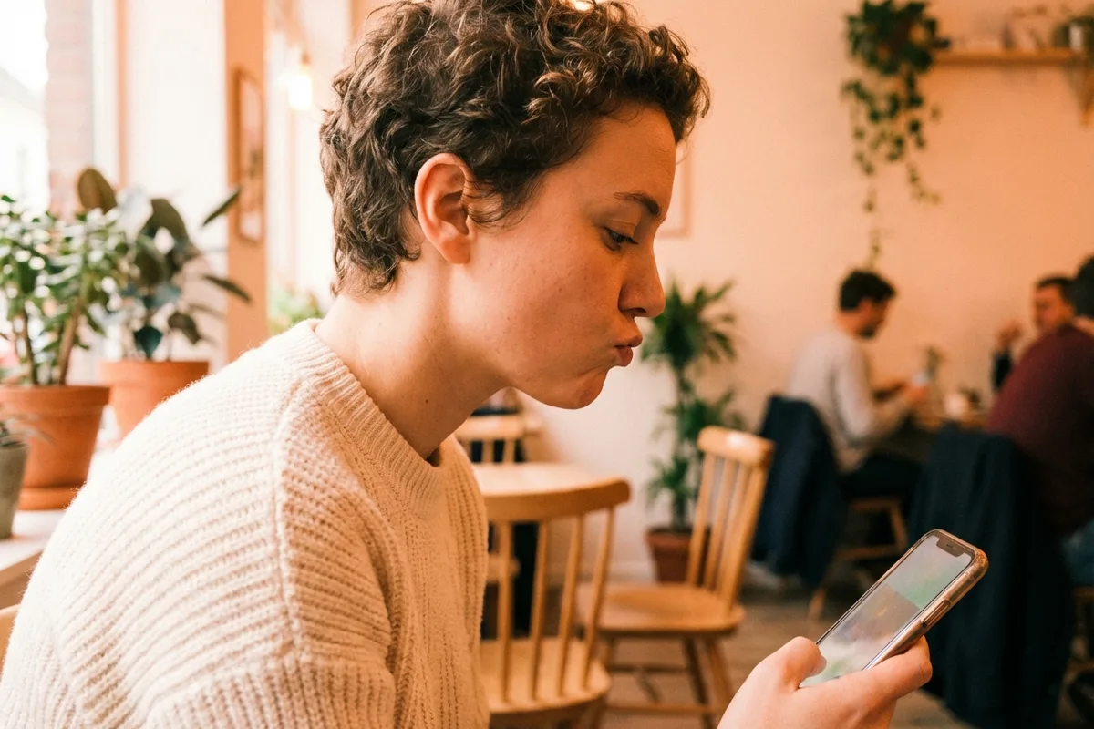 Person reading their phone with a thoughtful expression in a pastel cafe