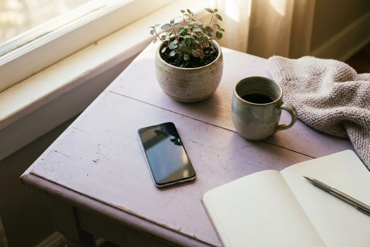 Smartphone on a pastel lilac desk next to a small plant and a coffee cup