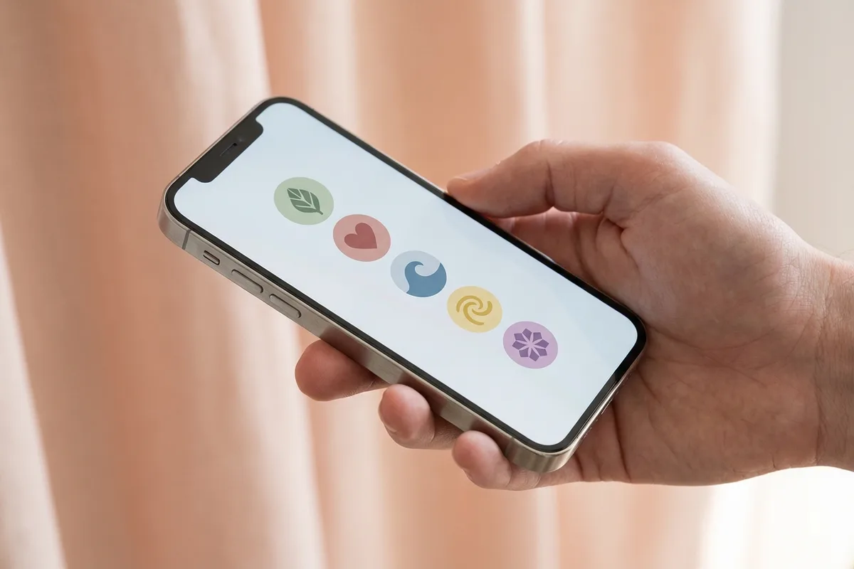 A smartphone held up showing a profile with a row of circular cover icons