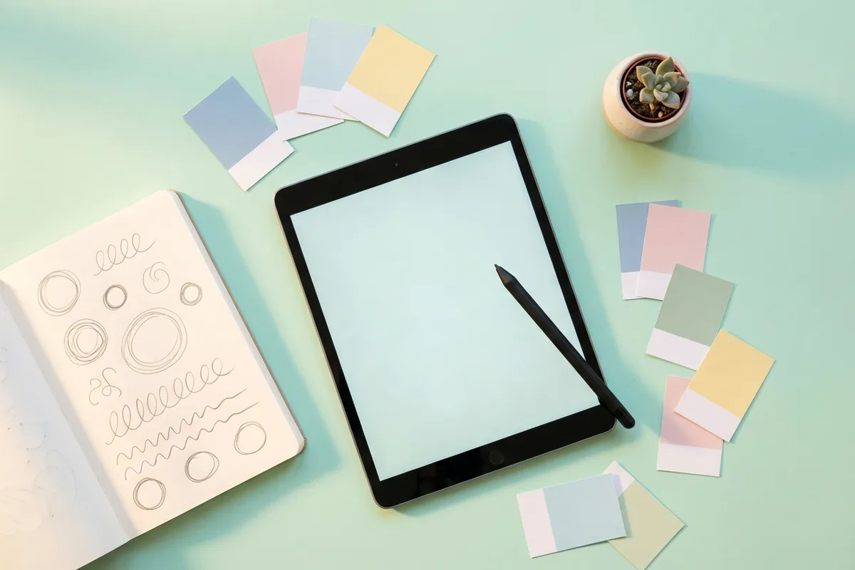 A designer's flat-lay workspace with tablet, stylus, and pastel color swatches