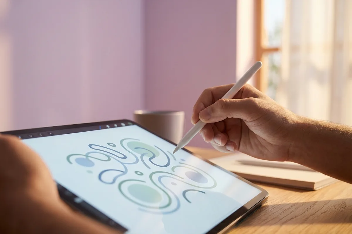 A hand drawing abstract icons on a tablet screen in soft pastel light