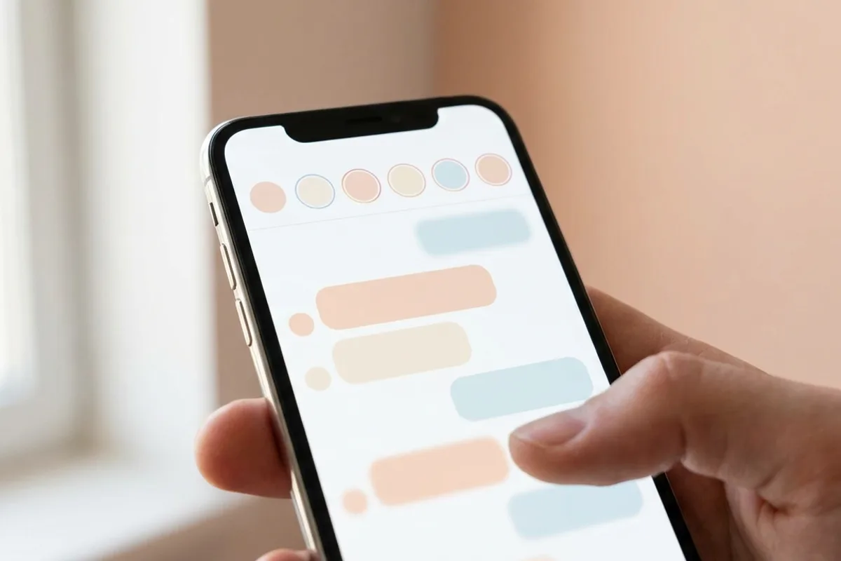 Smartphone showing an abstract chat inbox with pastel speech-bubble shapes