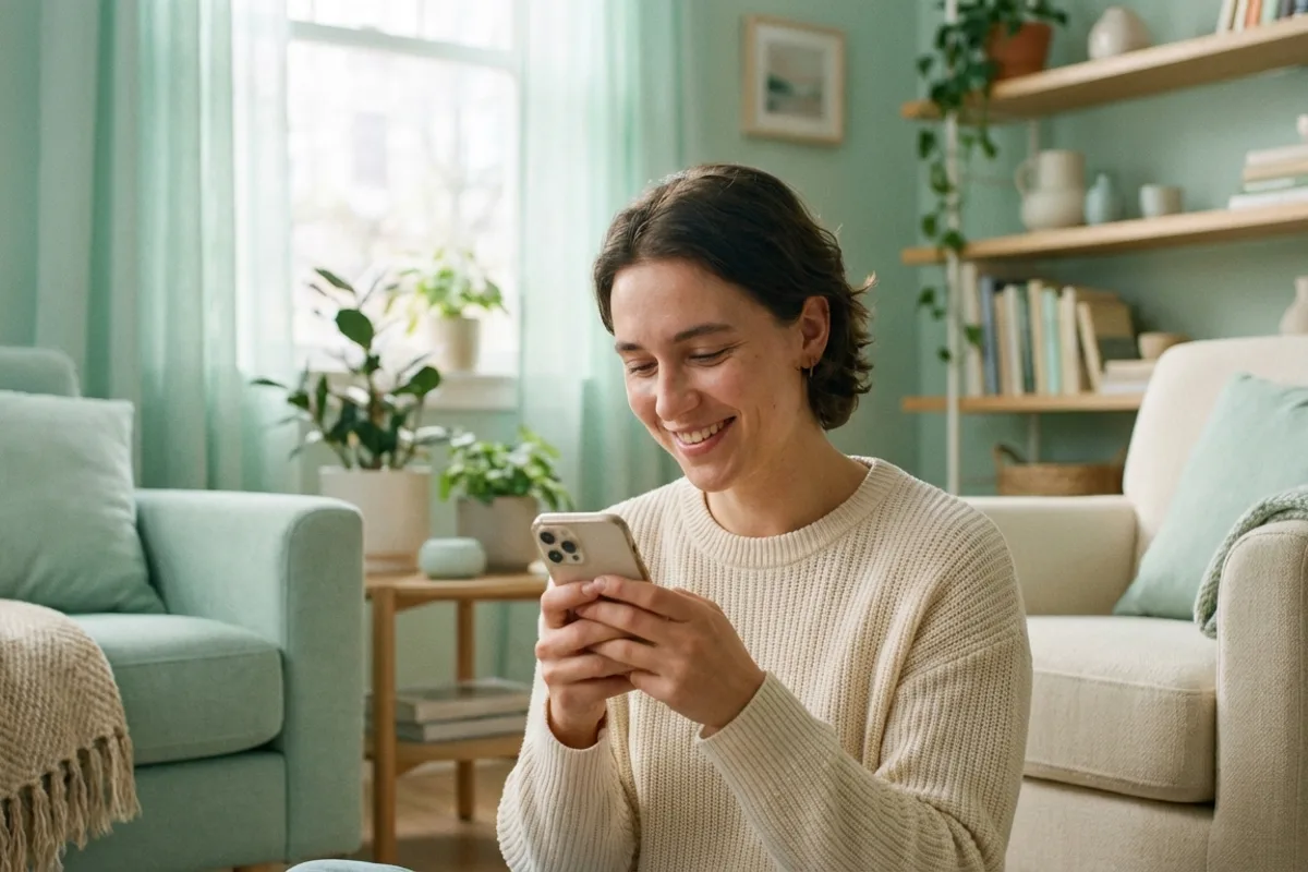 Young person smiling at their phone in a pastel-lit room
