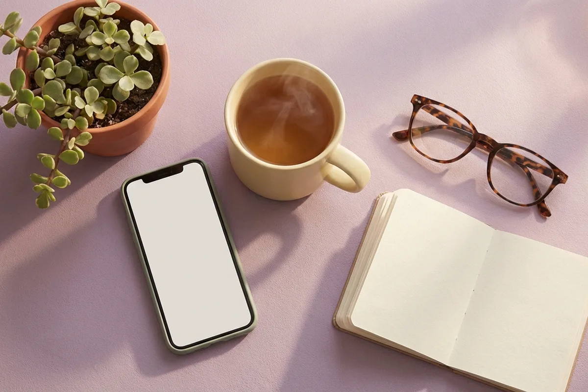 Top-down flat lay of a smartphone, tea, and a small plant on a pastel lilac desk