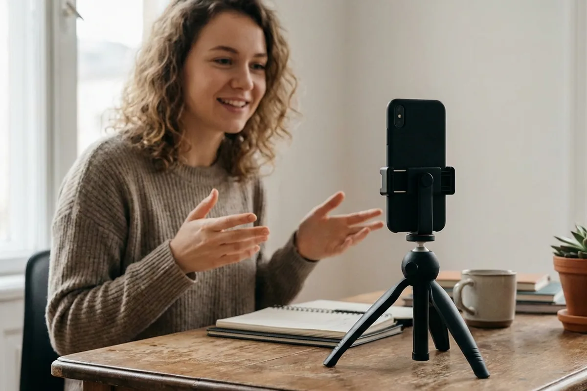 Creator filming a vertical video with a phone on a tripod in soft daylight