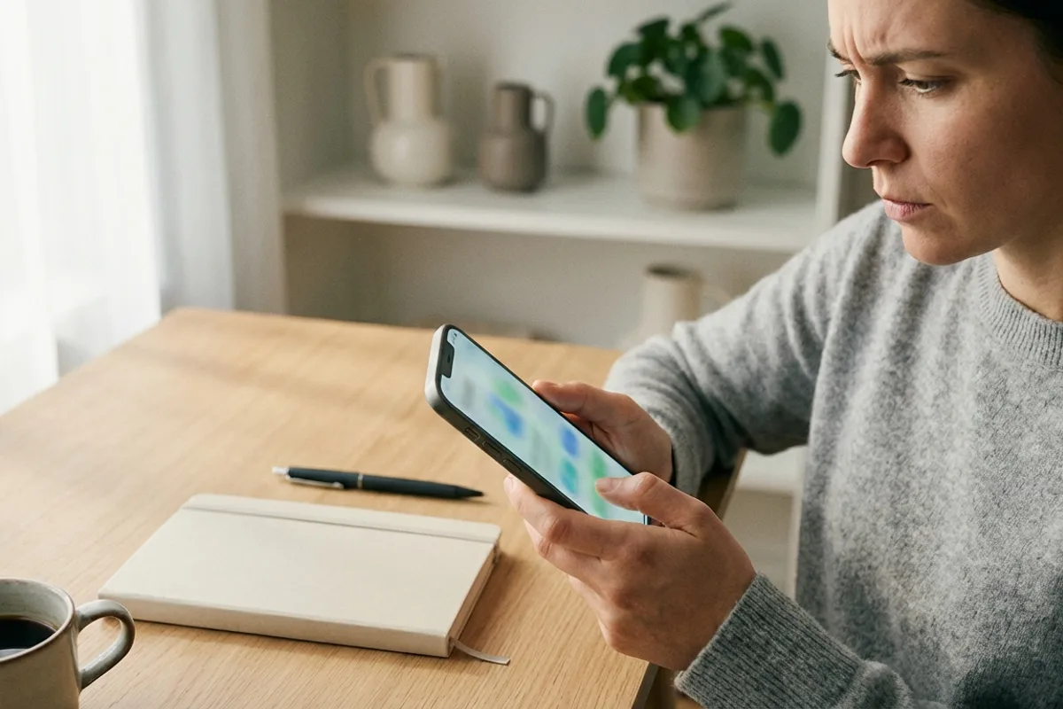 Person reviewing video performance metrics on their phone at a bright desk