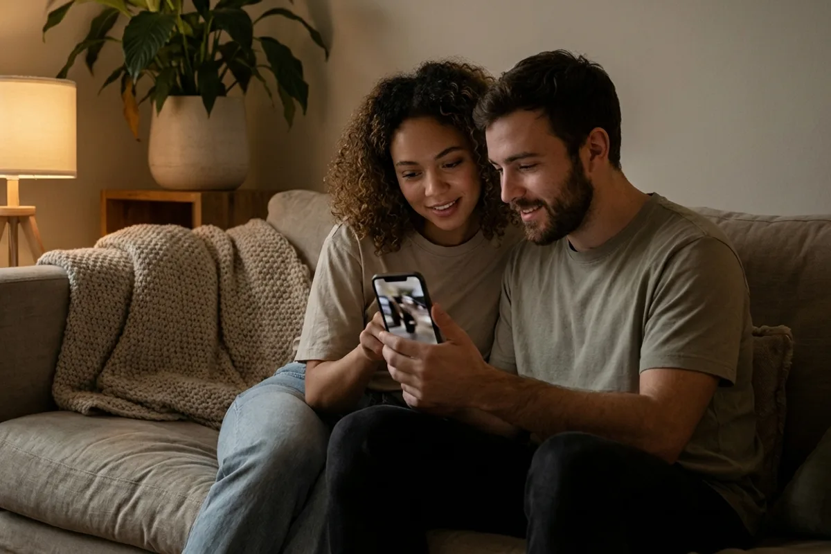 Two people watching a phone screen together reacting to a short video