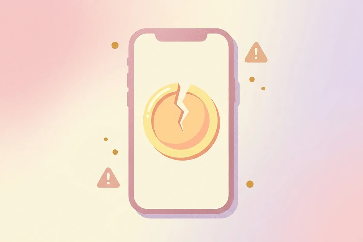 Illustration of a phone displaying a big shiny coin, surrounded by soft decorative dots and small geometric shapes