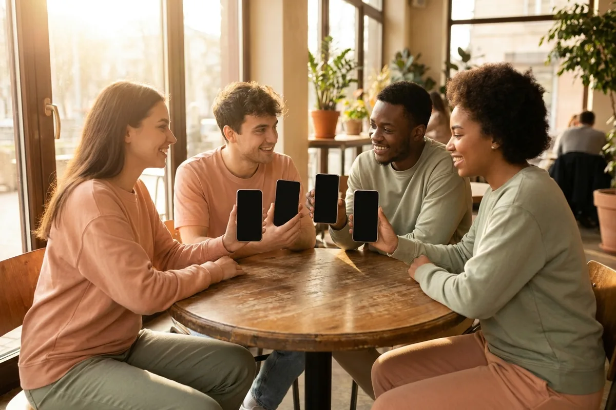 Illustrated small group of diverse young adults at a round table exchanging little heart shapes between phones, warm pastel tones
