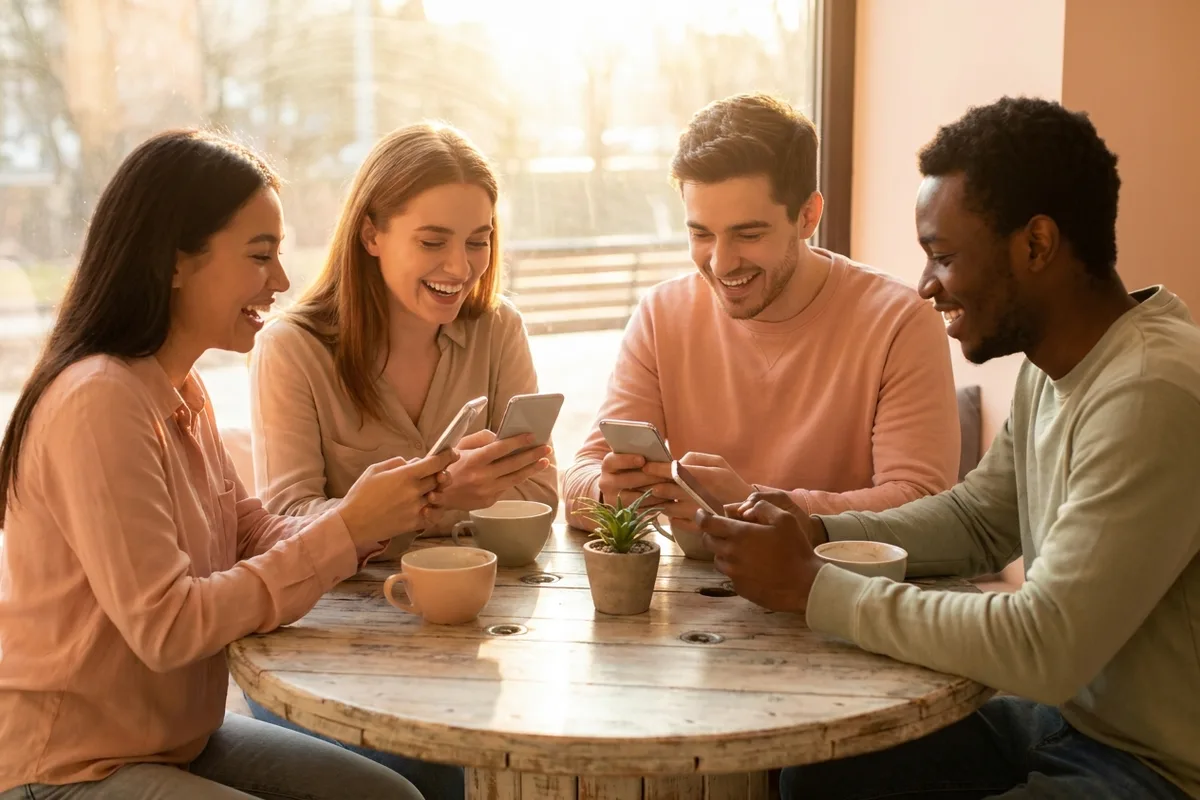 Illustrated small diverse group around a round table exchanging pastel hearts between phones, warm window light
