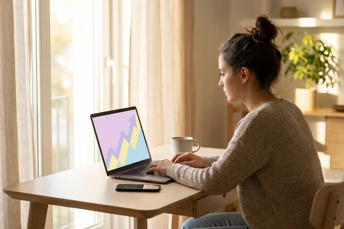 Illustrated creator at a minimal home desk looking at a laptop showing a soft upward growth line, pastel tones